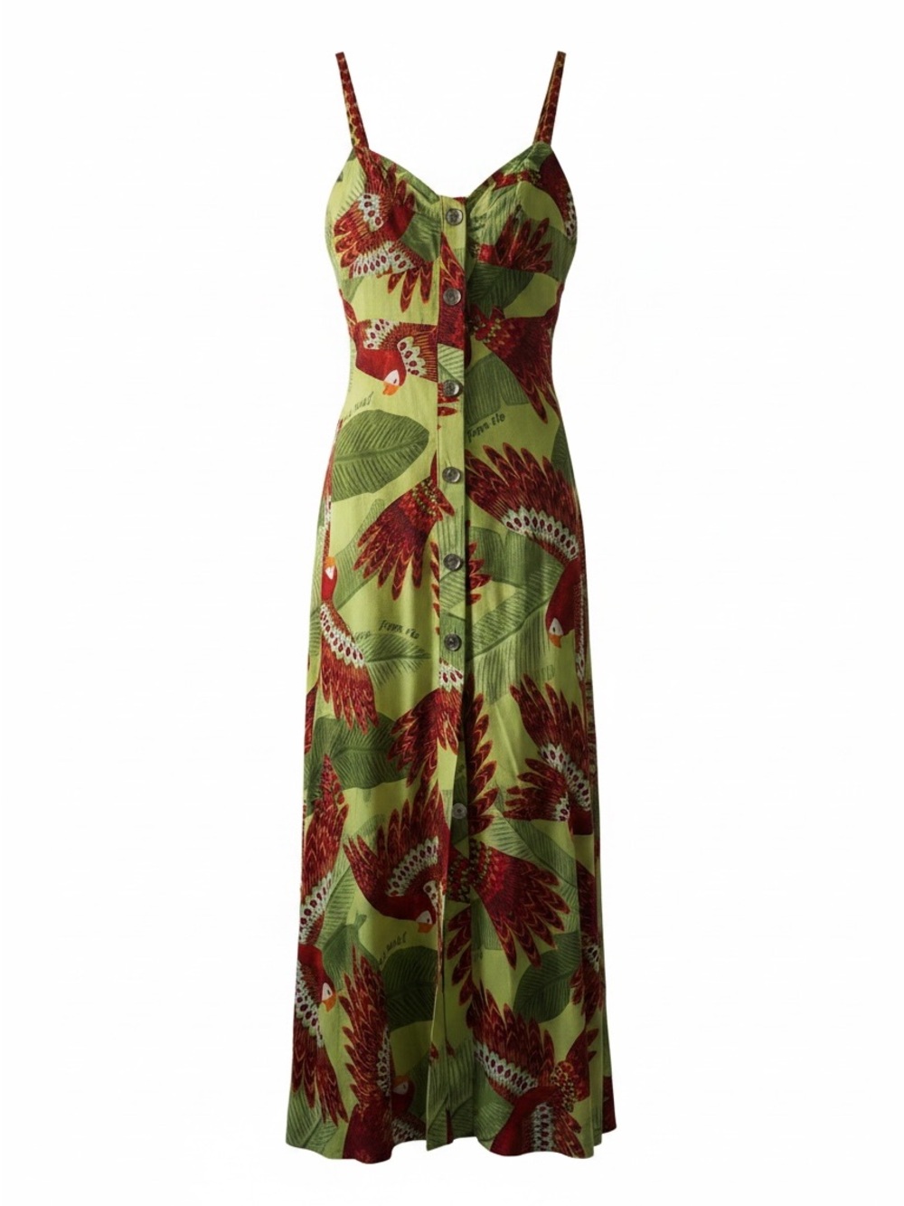 FARM Rio Lime Green Maxi Dress with Red Parrot Print